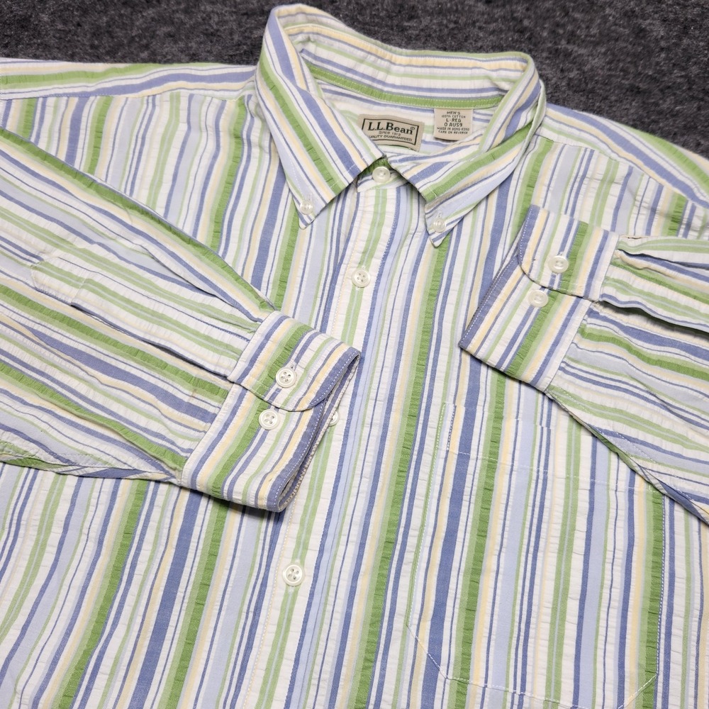 LL Bean Mens Long Sleeve Striped Seersucker Button Down Shirt Large Green Blue
